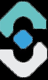 Stacked geometric shapes in turquoise, blue, and light gray on black background, forming an abstract logo or icon